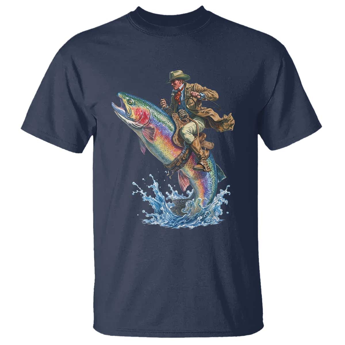 Vintage Cowboy Riding Rainbow Trout T Shirt Funny Fishing Western Rodeo