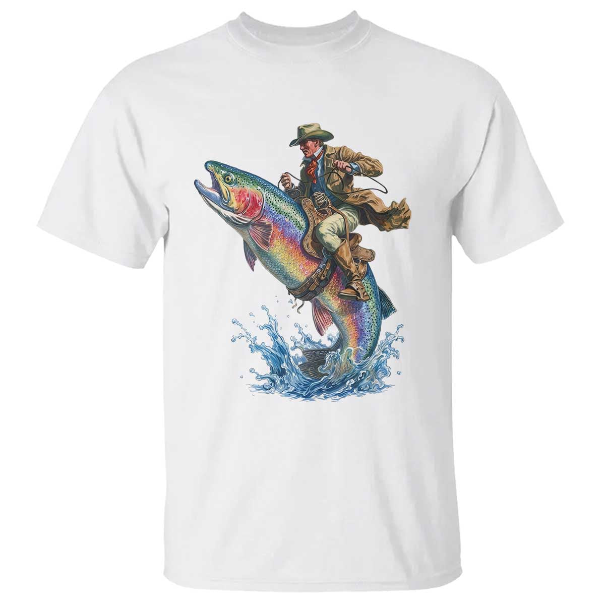 Vintage Cowboy Riding Rainbow Trout T Shirt Funny Fishing Western Rodeo