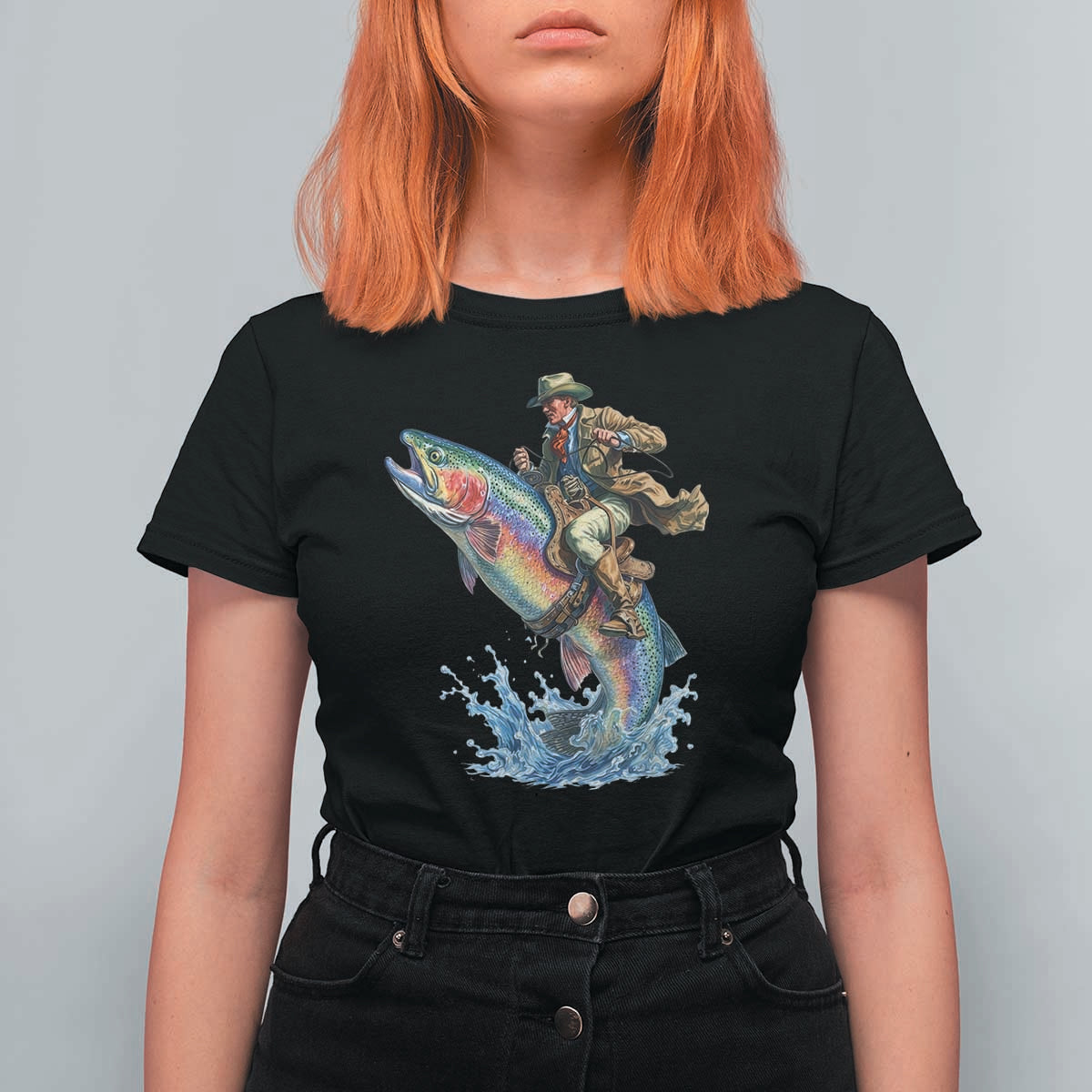Vintage Cowboy Riding Rainbow Trout T Shirt For Women Funny Fishing Western Rodeo