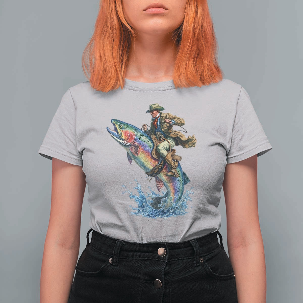 Vintage Cowboy Riding Rainbow Trout T Shirt For Women Funny Fishing Western Rodeo