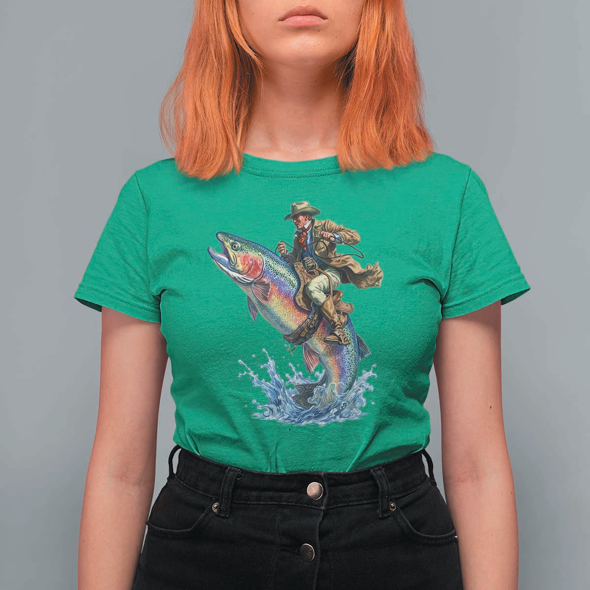 Vintage Cowboy Riding Rainbow Trout T Shirt For Women Funny Fishing Western Rodeo