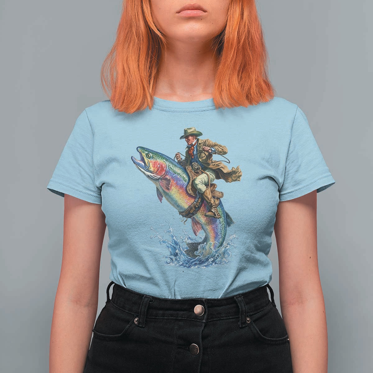 Vintage Cowboy Riding Rainbow Trout T Shirt For Women Funny Fishing Western Rodeo