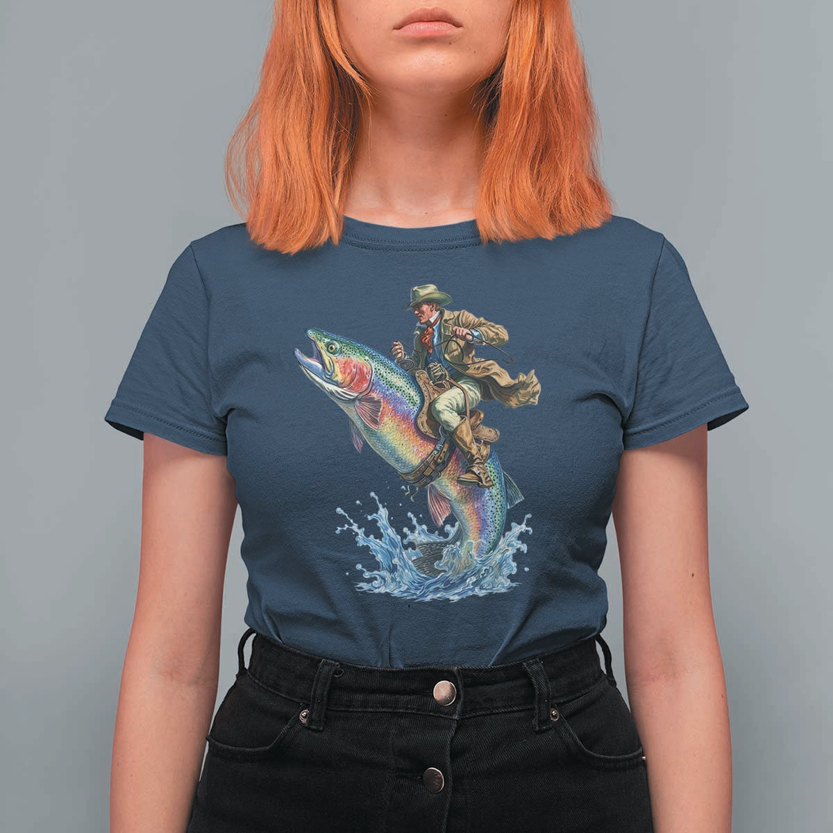 Vintage Cowboy Riding Rainbow Trout T Shirt For Women Funny Fishing Western Rodeo