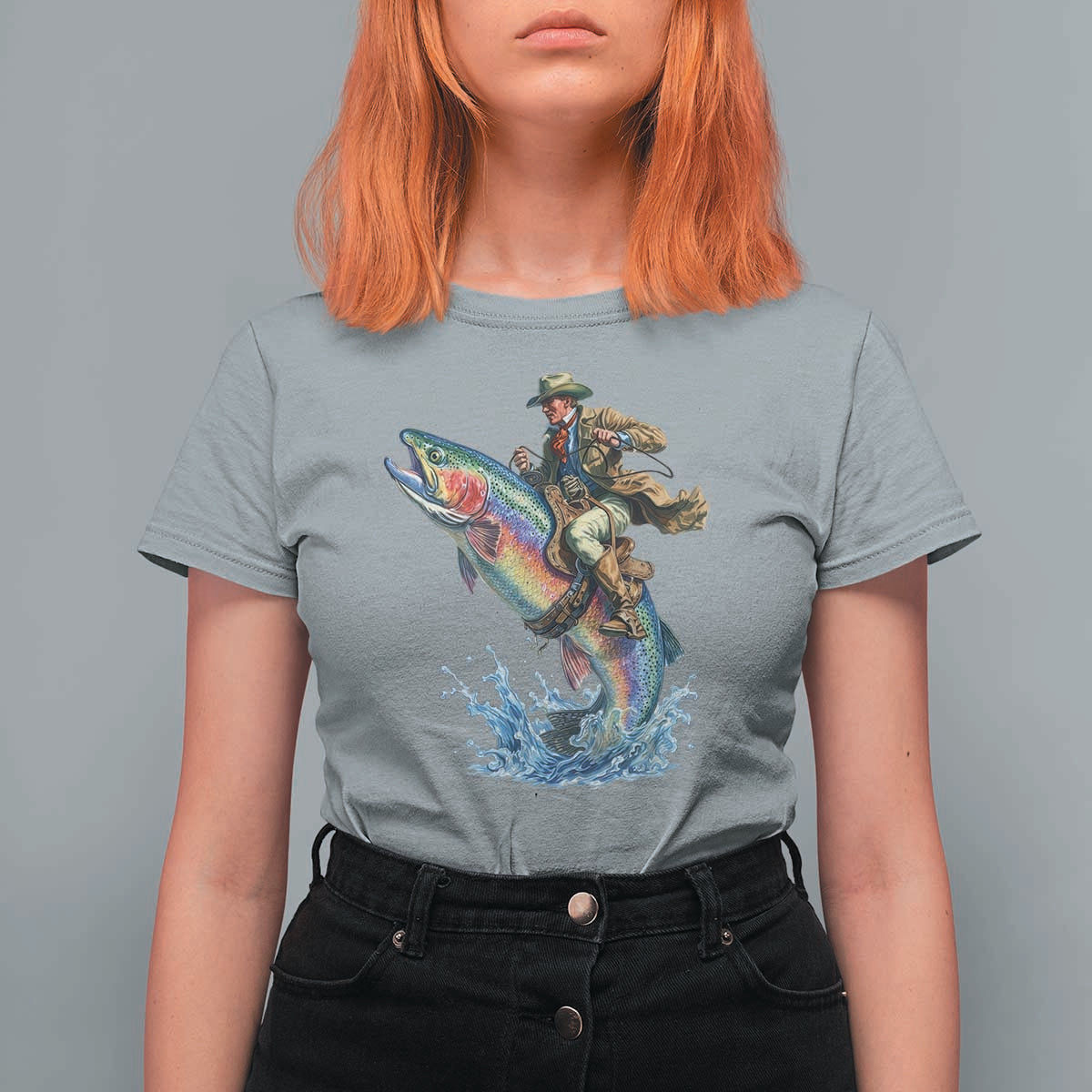 Vintage Cowboy Riding Rainbow Trout T Shirt For Women Funny Fishing Western Rodeo