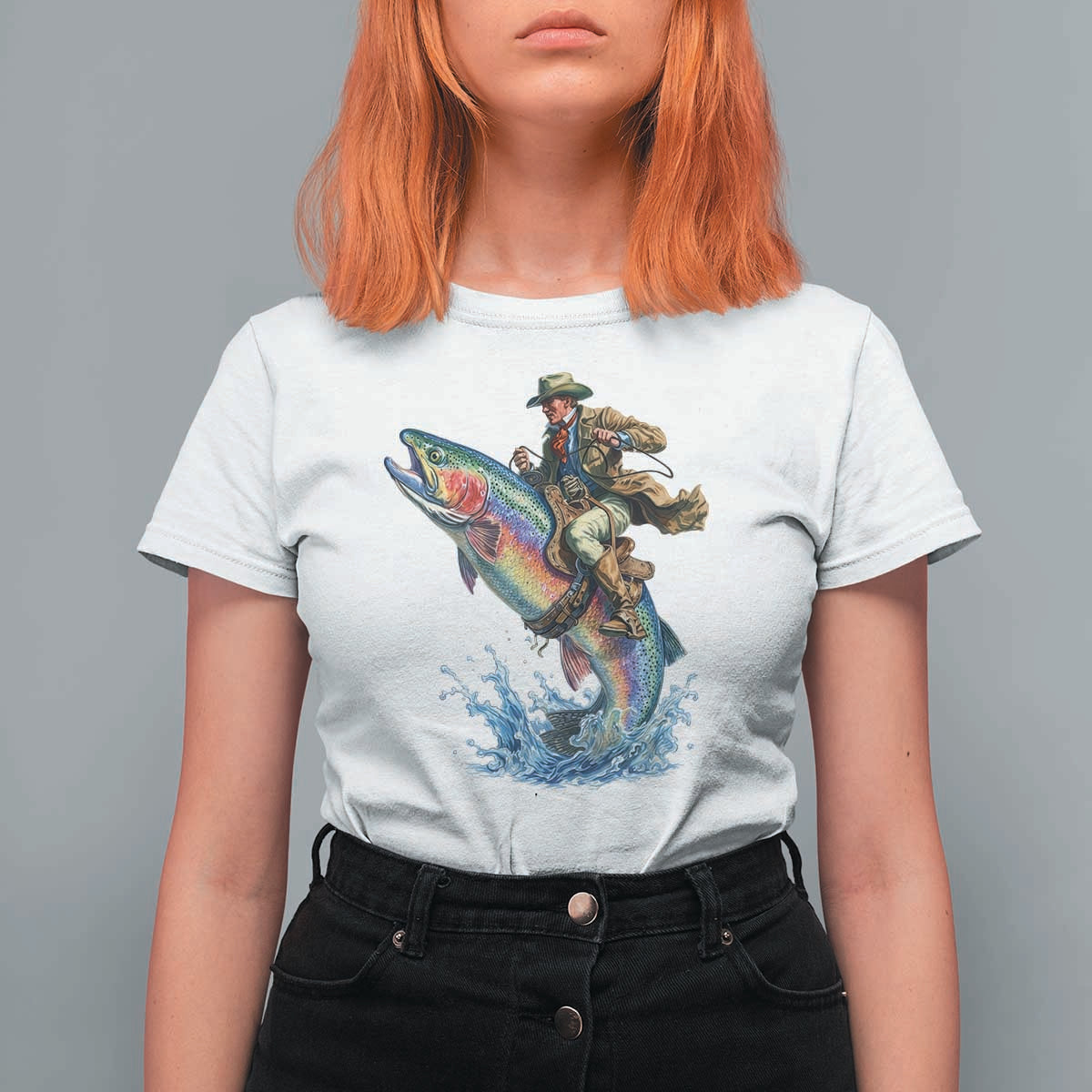 Vintage Cowboy Riding Rainbow Trout T Shirt For Women Funny Fishing Western Rodeo