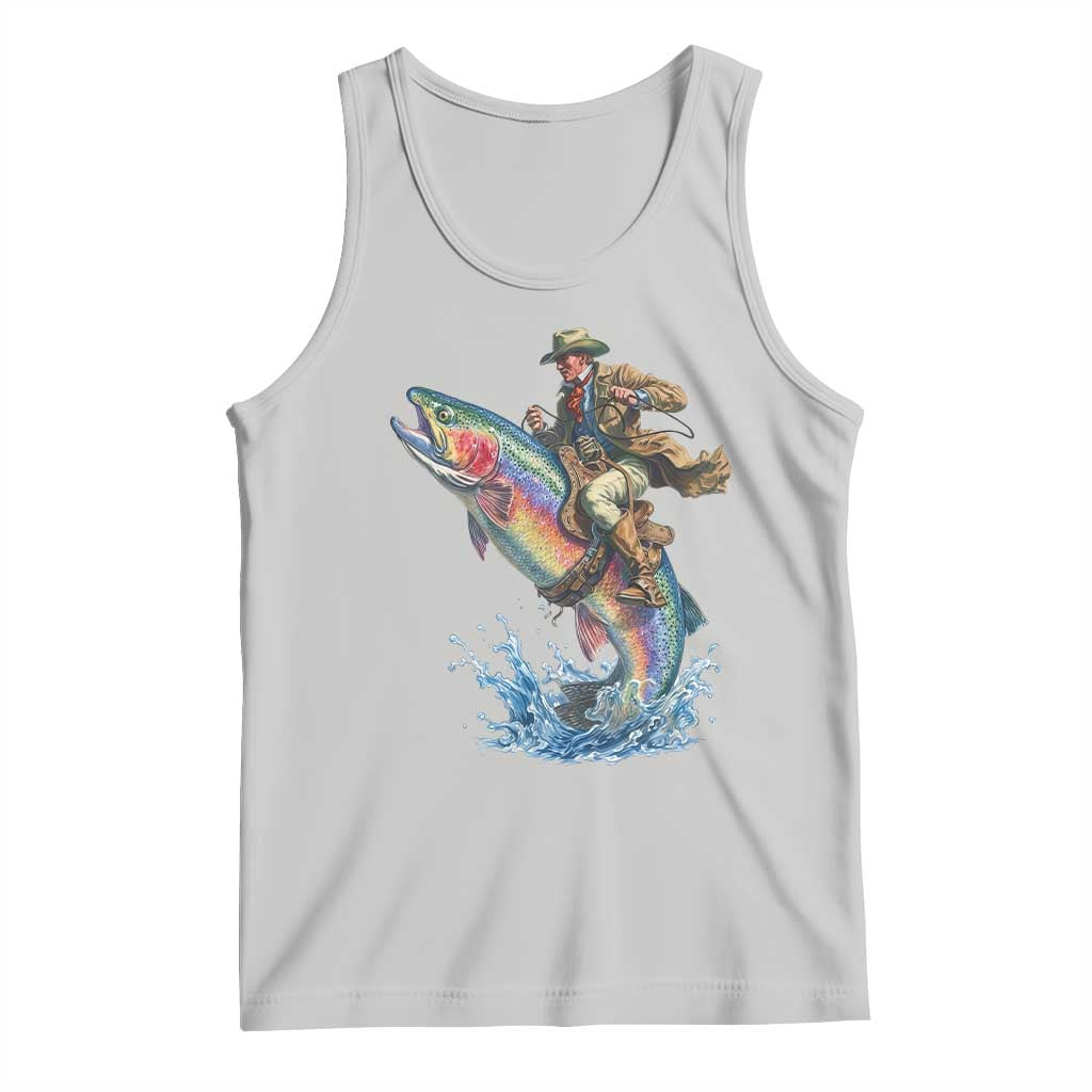 Vintage Cowboy Riding Rainbow Trout Tank Top Funny Fishing Western Rodeo
