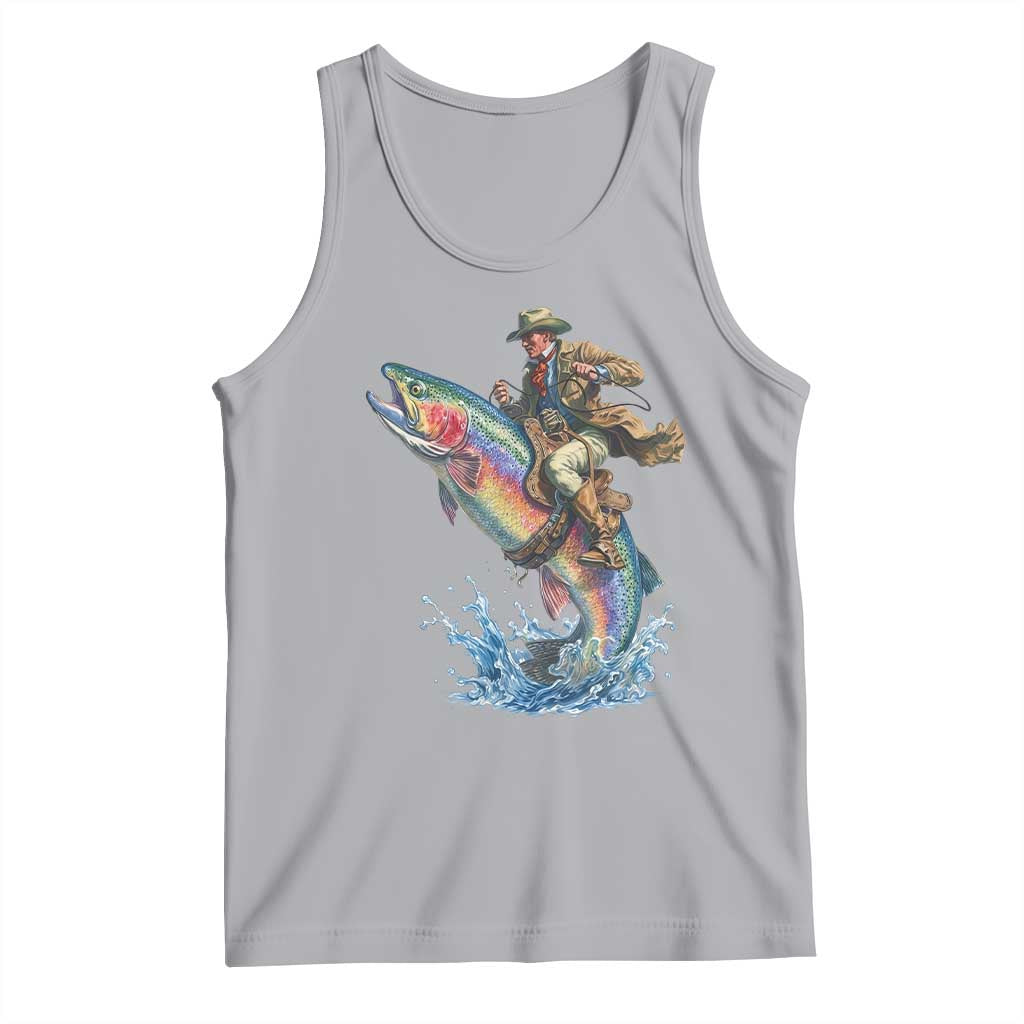 Vintage Cowboy Riding Rainbow Trout Tank Top Funny Fishing Western Rodeo