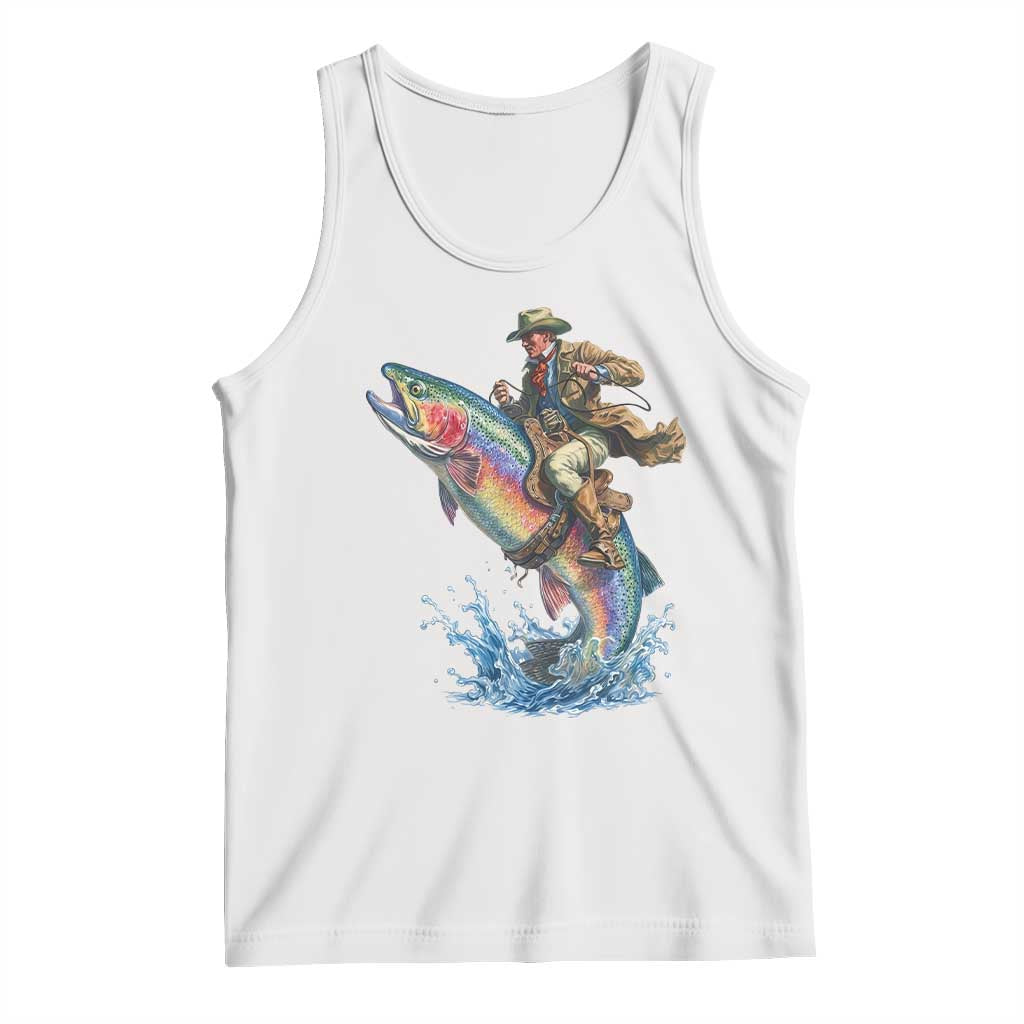 Vintage Cowboy Riding Rainbow Trout Tank Top Funny Fishing Western Rodeo
