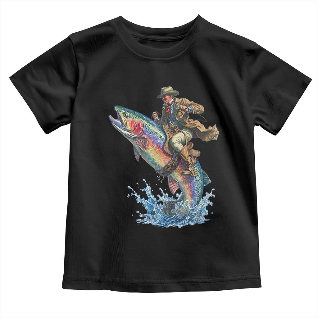 Vintage Cowboy Riding Rainbow Trout Toddler T Shirt Funny Fishing Western Rodeo