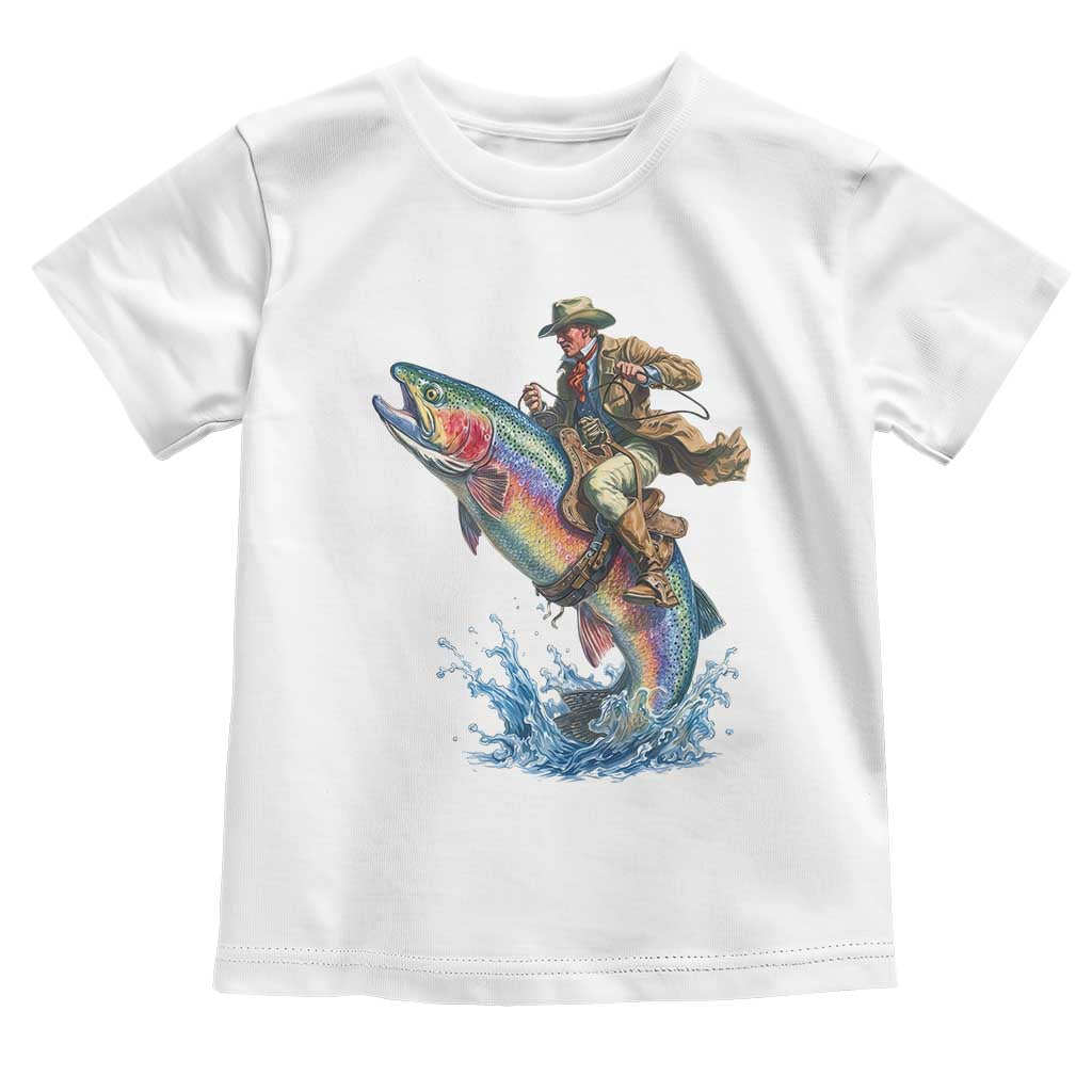 Vintage Cowboy Riding Rainbow Trout Toddler T Shirt Funny Fishing Western Rodeo