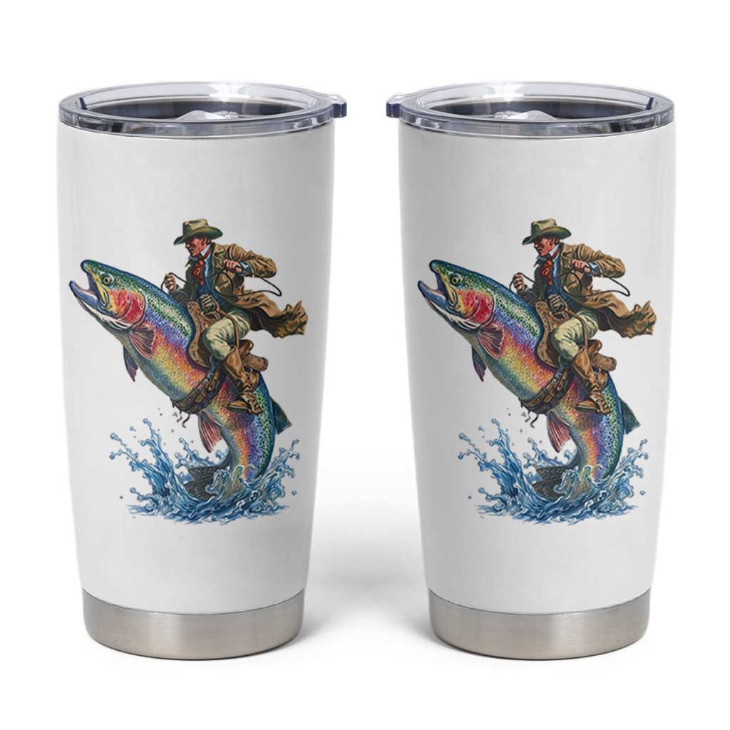 Vintage Cowboy Riding Rainbow Trout Tumbler Cup Funny Fishing Western Rodeo