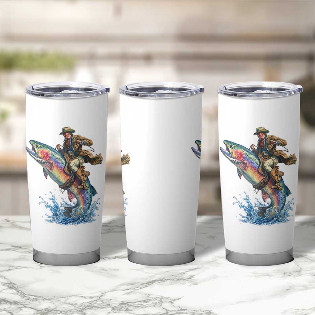 Vintage Cowboy Riding Rainbow Trout Tumbler Cup Funny Fishing Western Rodeo