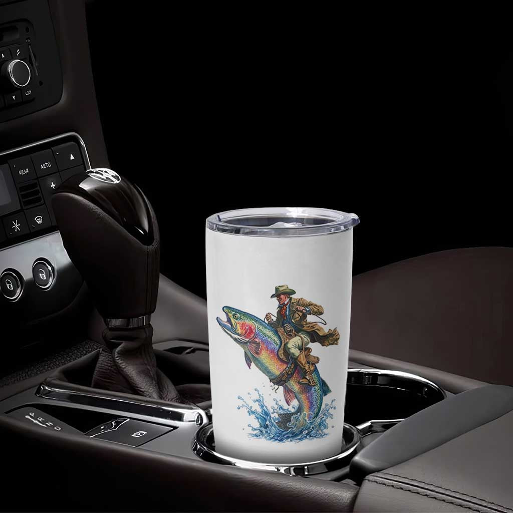 Vintage Cowboy Riding Rainbow Trout Tumbler Cup Funny Fishing Western Rodeo