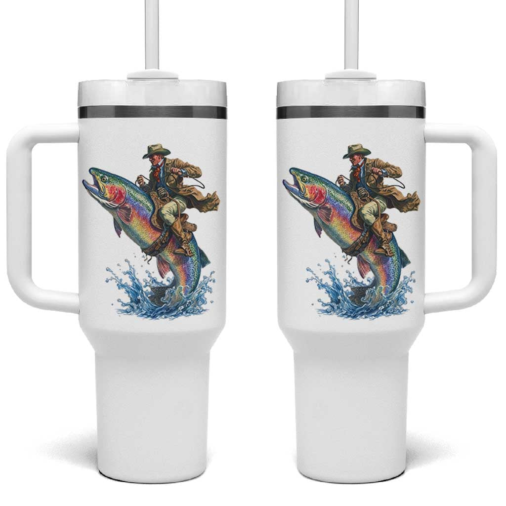 Vintage Cowboy Riding Rainbow Trout Tumbler With Handle Funny Fishing Western Rodeo