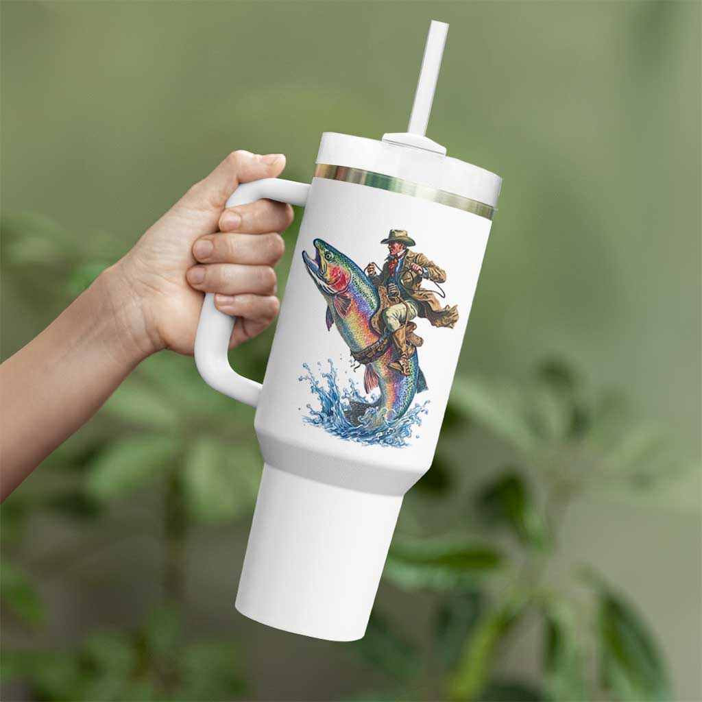 Vintage Cowboy Riding Rainbow Trout Tumbler With Handle Funny Fishing Western Rodeo
