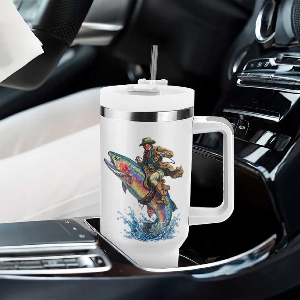 Vintage Cowboy Riding Rainbow Trout Tumbler With Handle Funny Fishing Western Rodeo