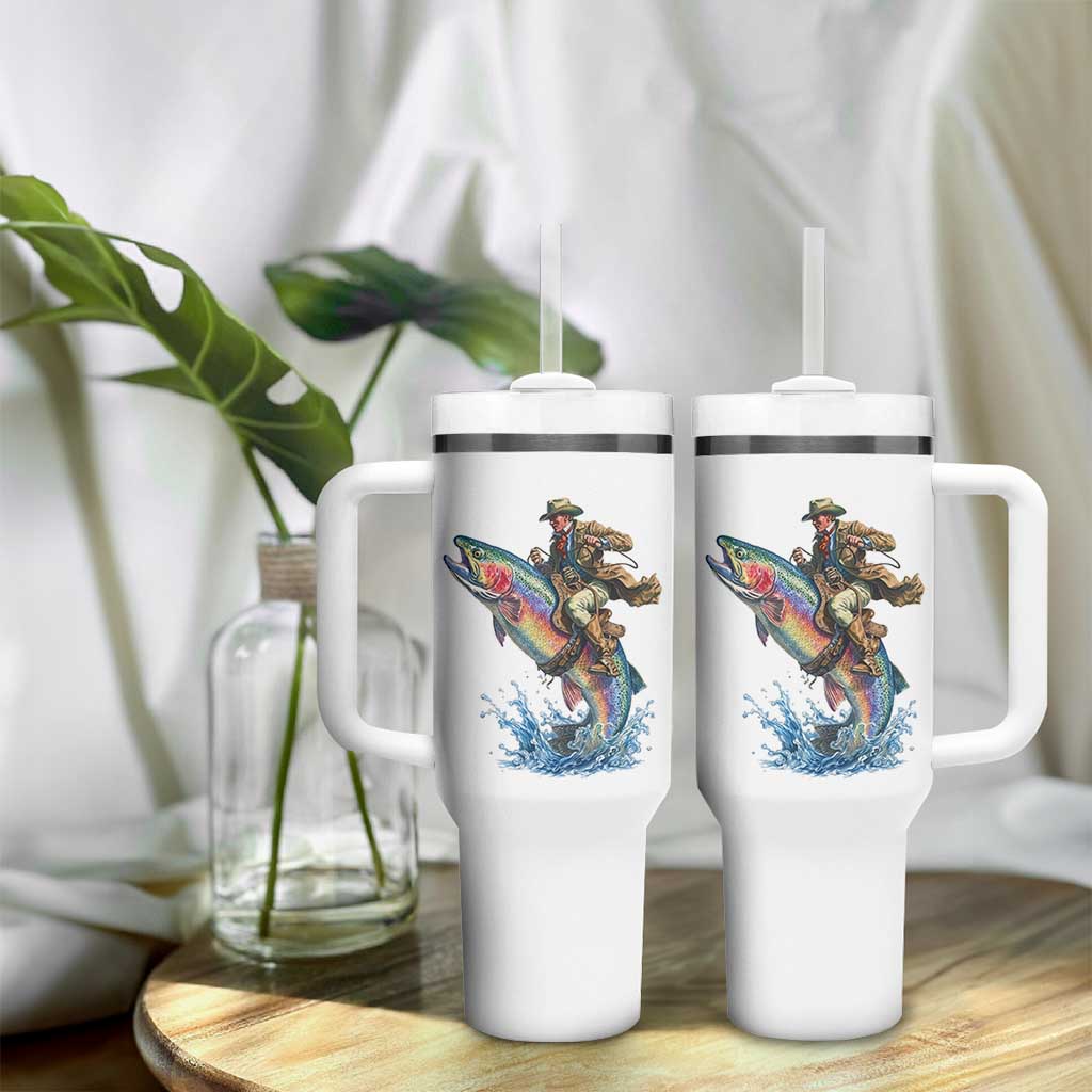 Vintage Cowboy Riding Rainbow Trout Tumbler With Handle Funny Fishing Western Rodeo