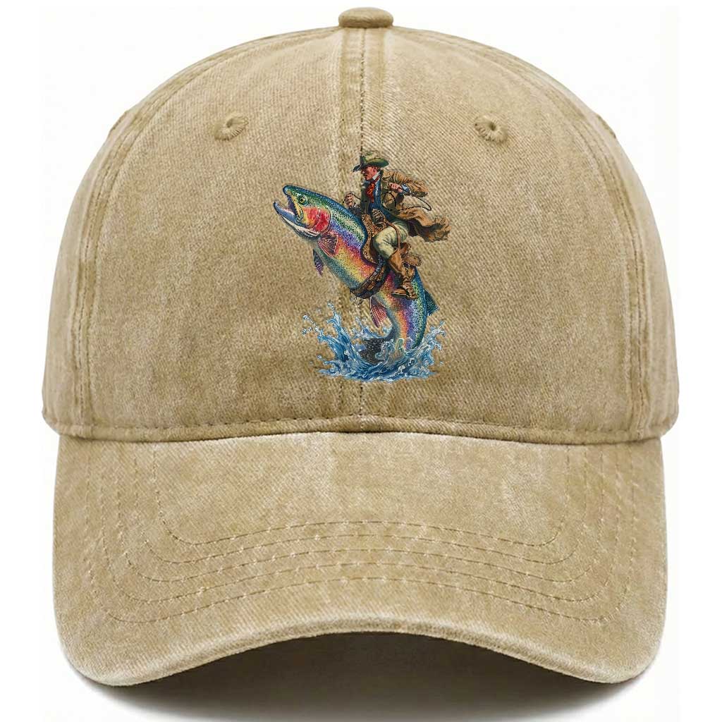 Vintage Cowboy Riding Rainbow Trout Washed Cotton Baseball Cap Funny Fishing Western Rodeo