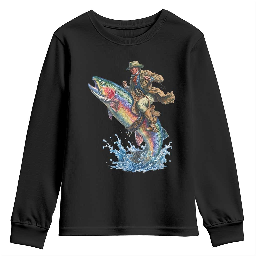 Vintage Cowboy Riding Rainbow Trout Youth Sweatshirt Funny Fishing Western Rodeo