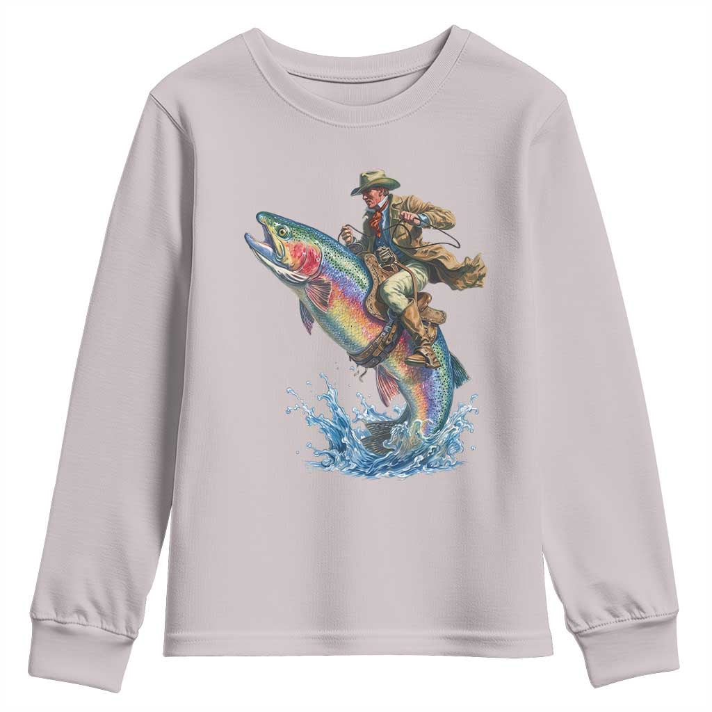 Vintage Cowboy Riding Rainbow Trout Youth Sweatshirt Funny Fishing Western Rodeo