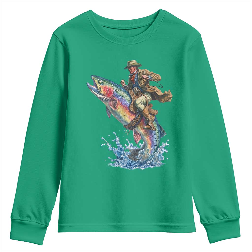 Vintage Cowboy Riding Rainbow Trout Youth Sweatshirt Funny Fishing Western Rodeo