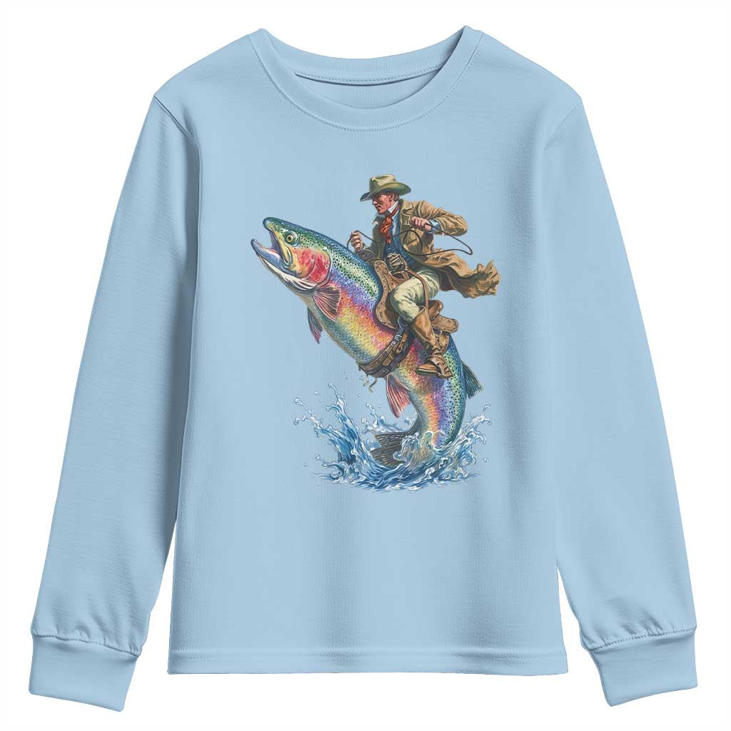 Vintage Cowboy Riding Rainbow Trout Youth Sweatshirt Funny Fishing Western Rodeo