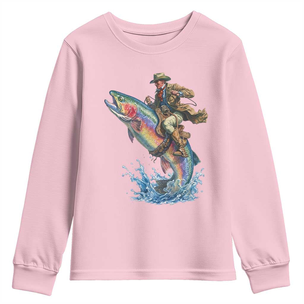 Vintage Cowboy Riding Rainbow Trout Youth Sweatshirt Funny Fishing Western Rodeo