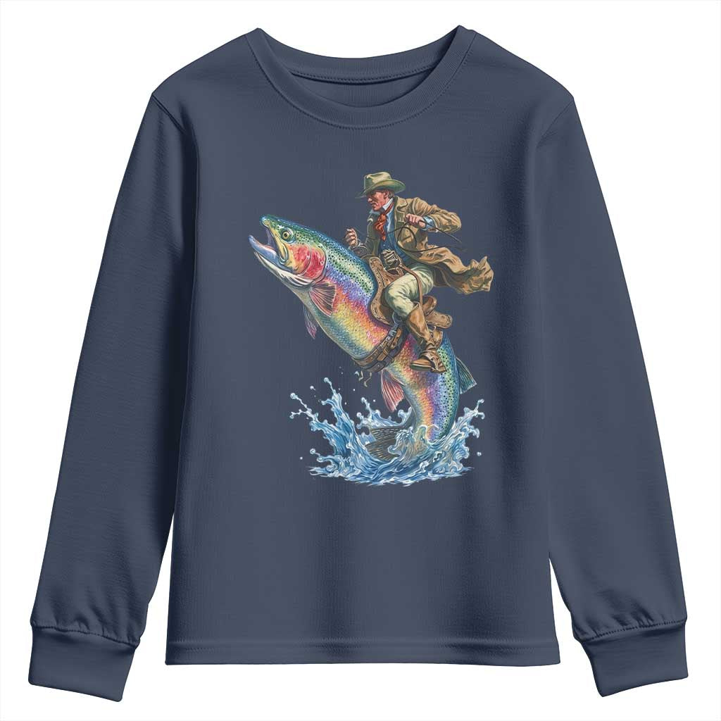 Vintage Cowboy Riding Rainbow Trout Youth Sweatshirt Funny Fishing Western Rodeo