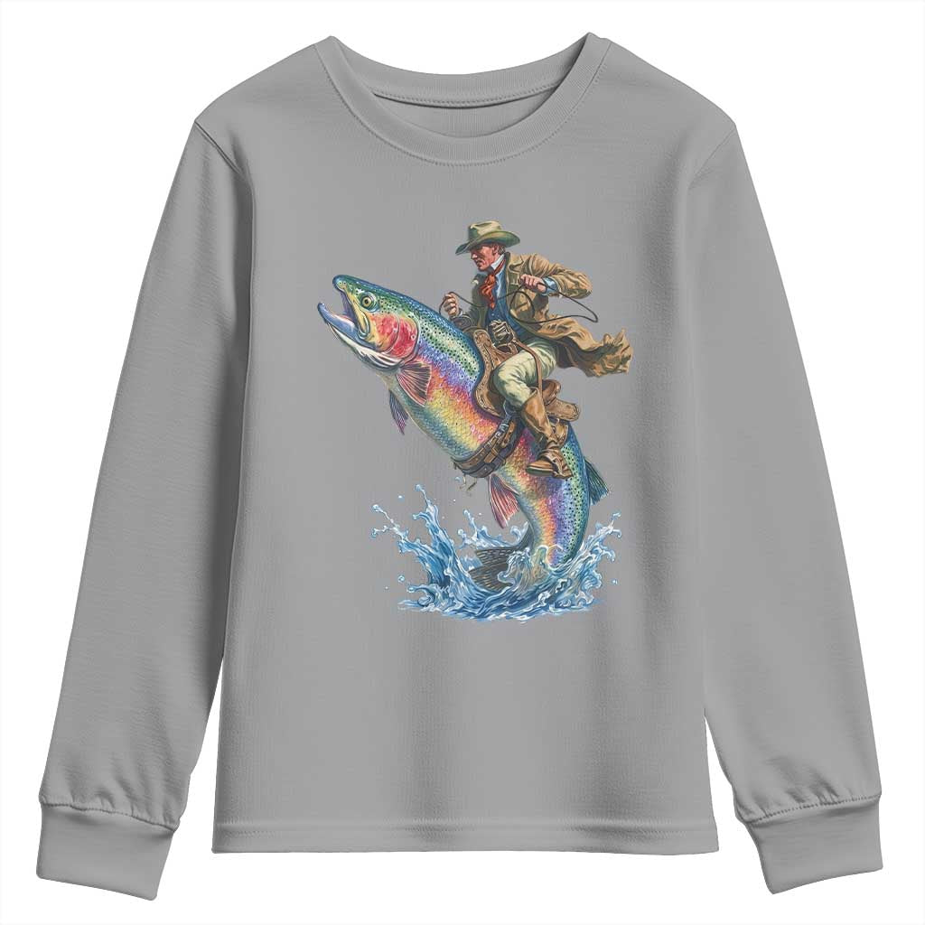 Vintage Cowboy Riding Rainbow Trout Youth Sweatshirt Funny Fishing Western Rodeo