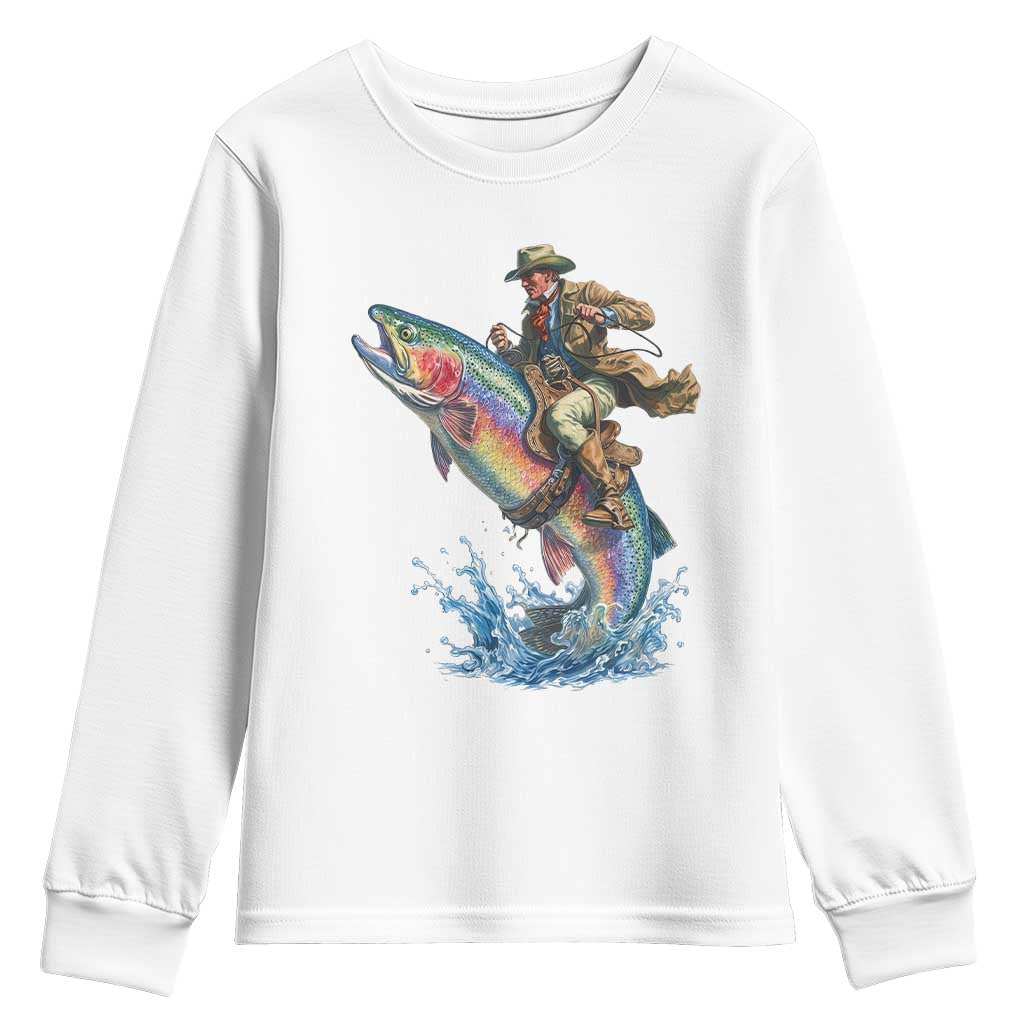 Vintage Cowboy Riding Rainbow Trout Youth Sweatshirt Funny Fishing Western Rodeo