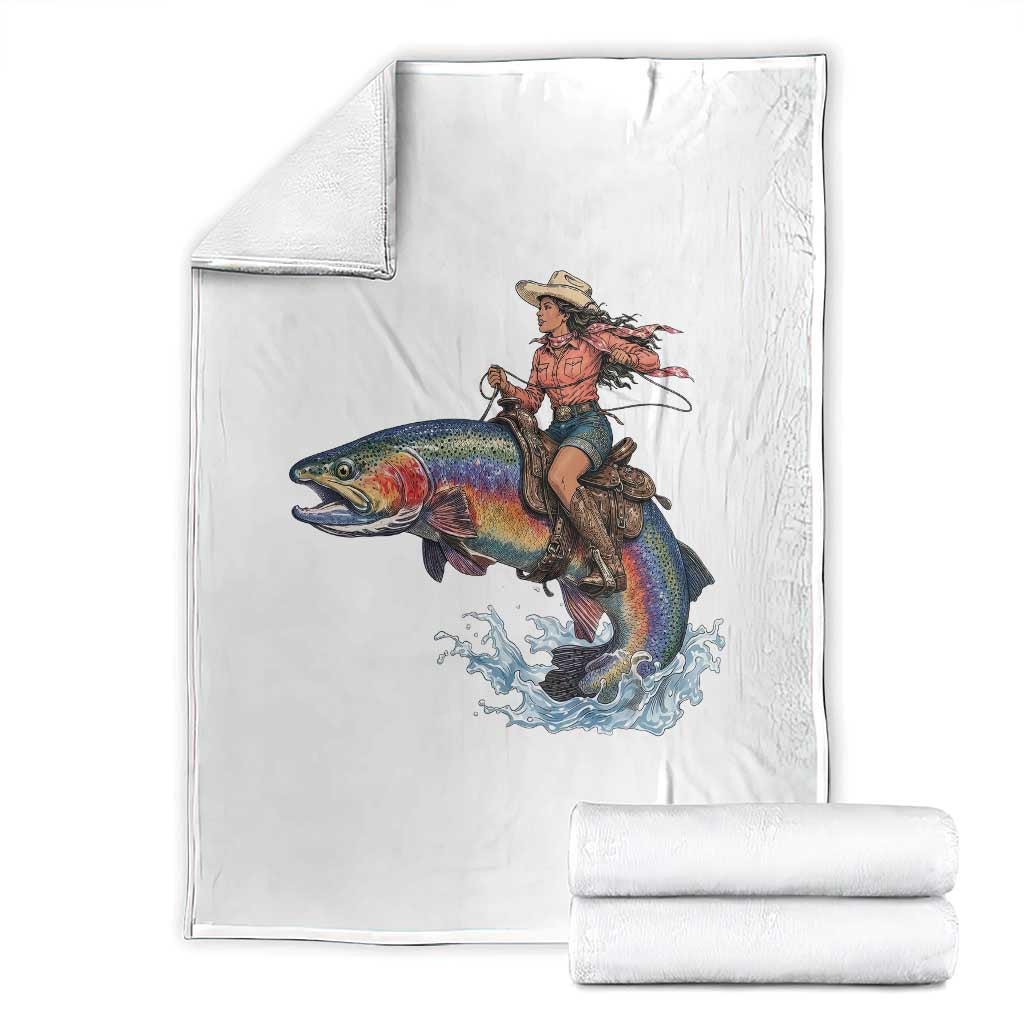 Vintage Cowgirl Riding Rainbow Trout Throw Blanket Funny Fishing Western Rodeo