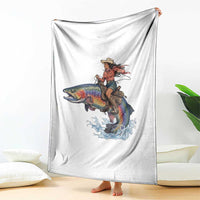 Vintage Cowgirl Riding Rainbow Trout Throw Blanket Funny Fishing Western Rodeo