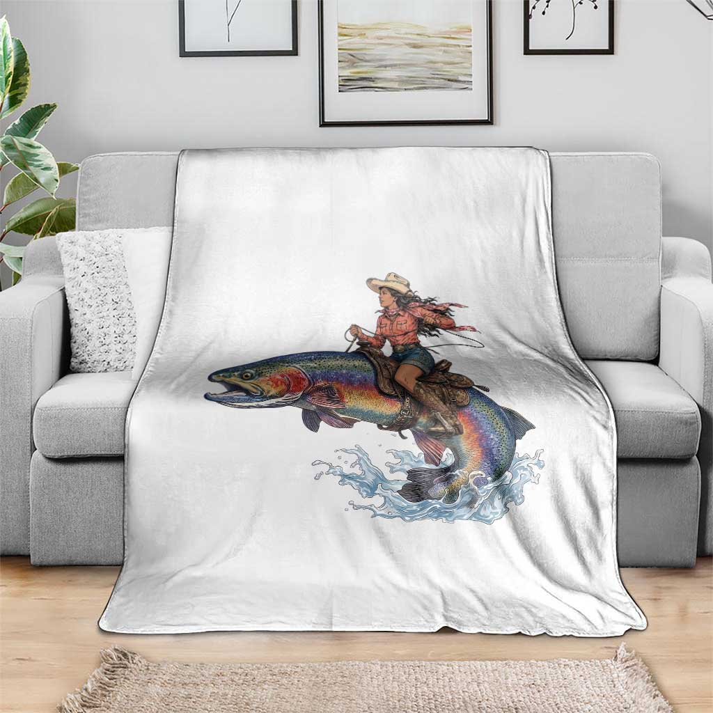Vintage Cowgirl Riding Rainbow Trout Throw Blanket Funny Fishing Western Rodeo