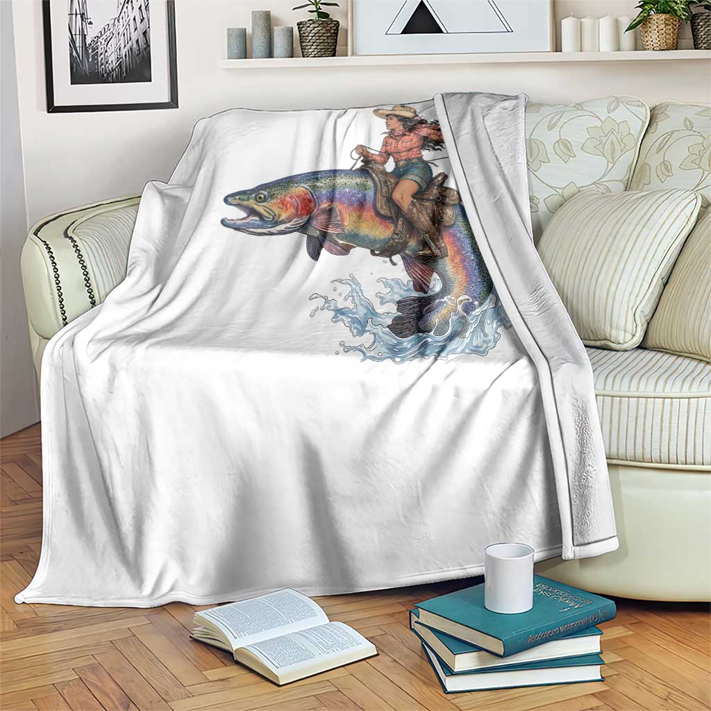 Vintage Cowgirl Riding Rainbow Trout Throw Blanket Funny Fishing Western Rodeo