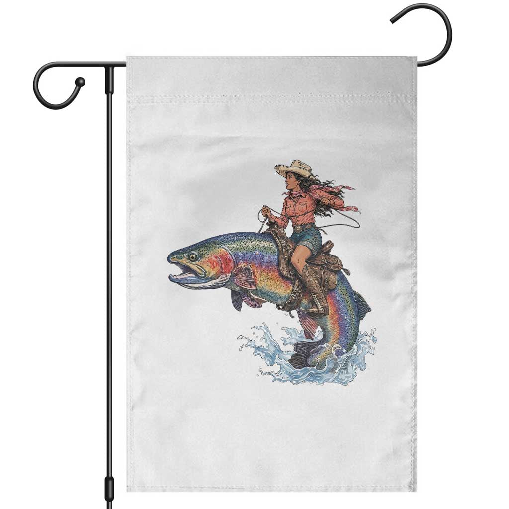 Vintage Cowgirl Riding Rainbow Trout Garden Flag Funny Fishing Western Rodeo