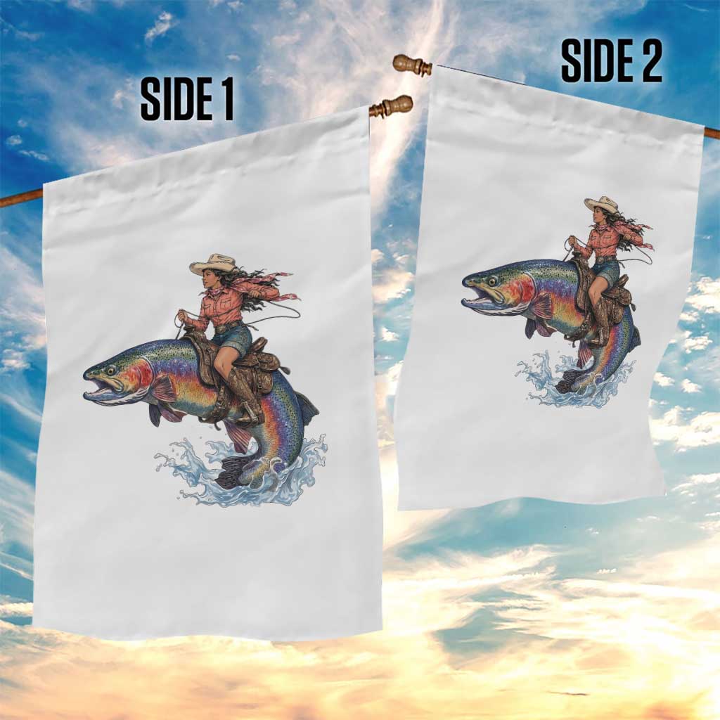 Vintage Cowgirl Riding Rainbow Trout Garden Flag Funny Fishing Western Rodeo