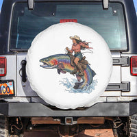 Vintage Cowgirl Riding Rainbow Trout Spare Tire Cover Funny Fishing Western Rodeo