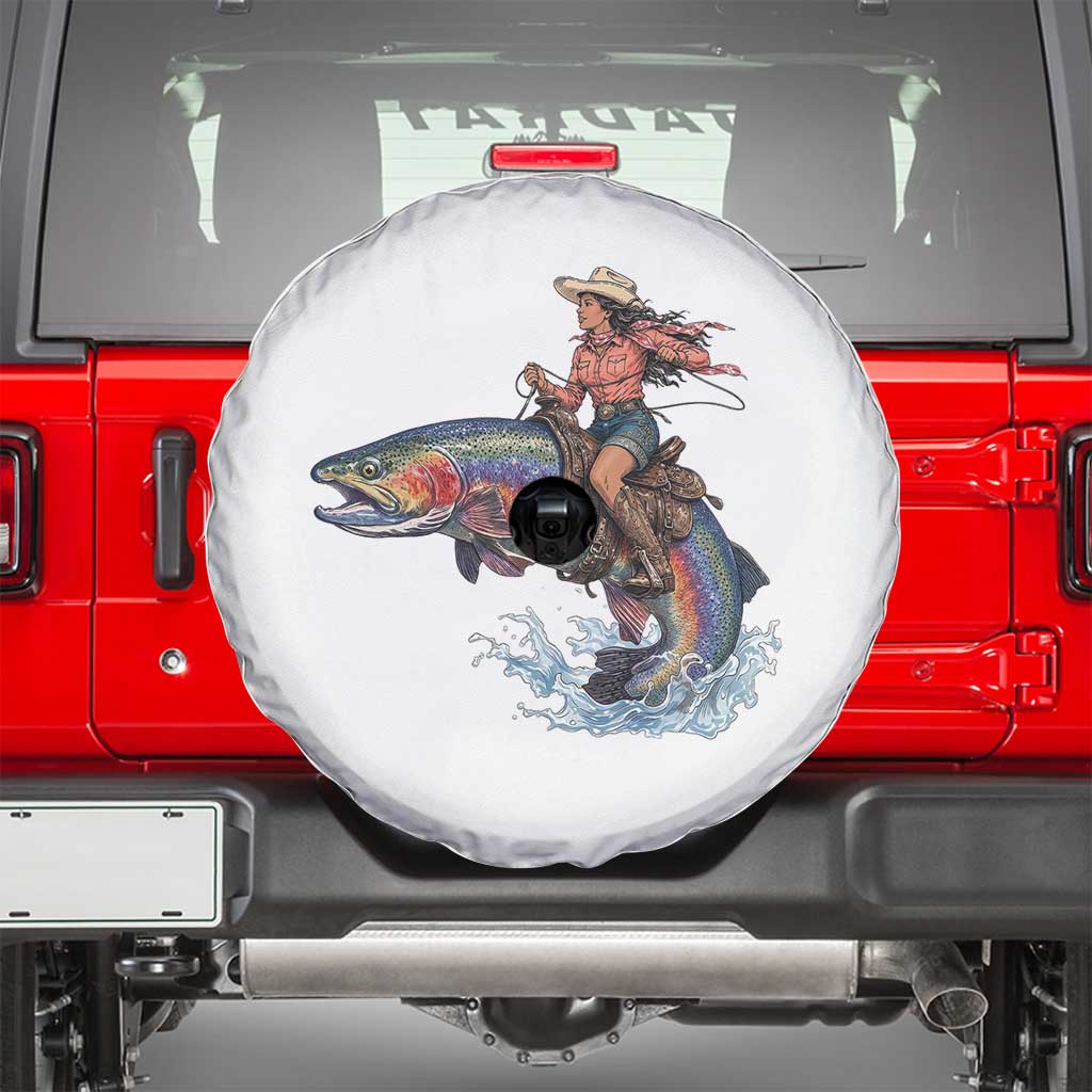 Vintage Cowgirl Riding Rainbow Trout Spare Tire Cover Funny Fishing Western Rodeo