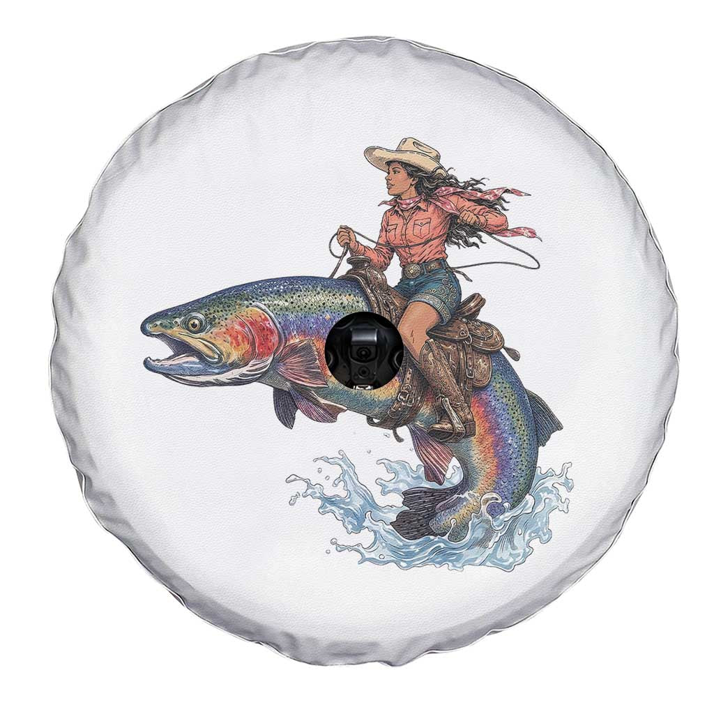 Vintage Cowgirl Riding Rainbow Trout Spare Tire Cover Funny Fishing Western Rodeo