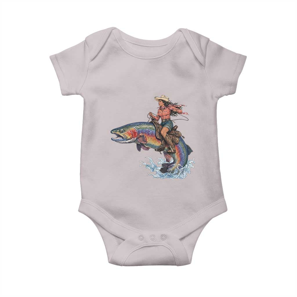 Vintage Cowgirl Riding Rainbow Trout Baby Onesie Funny Fishing Western Rodeo