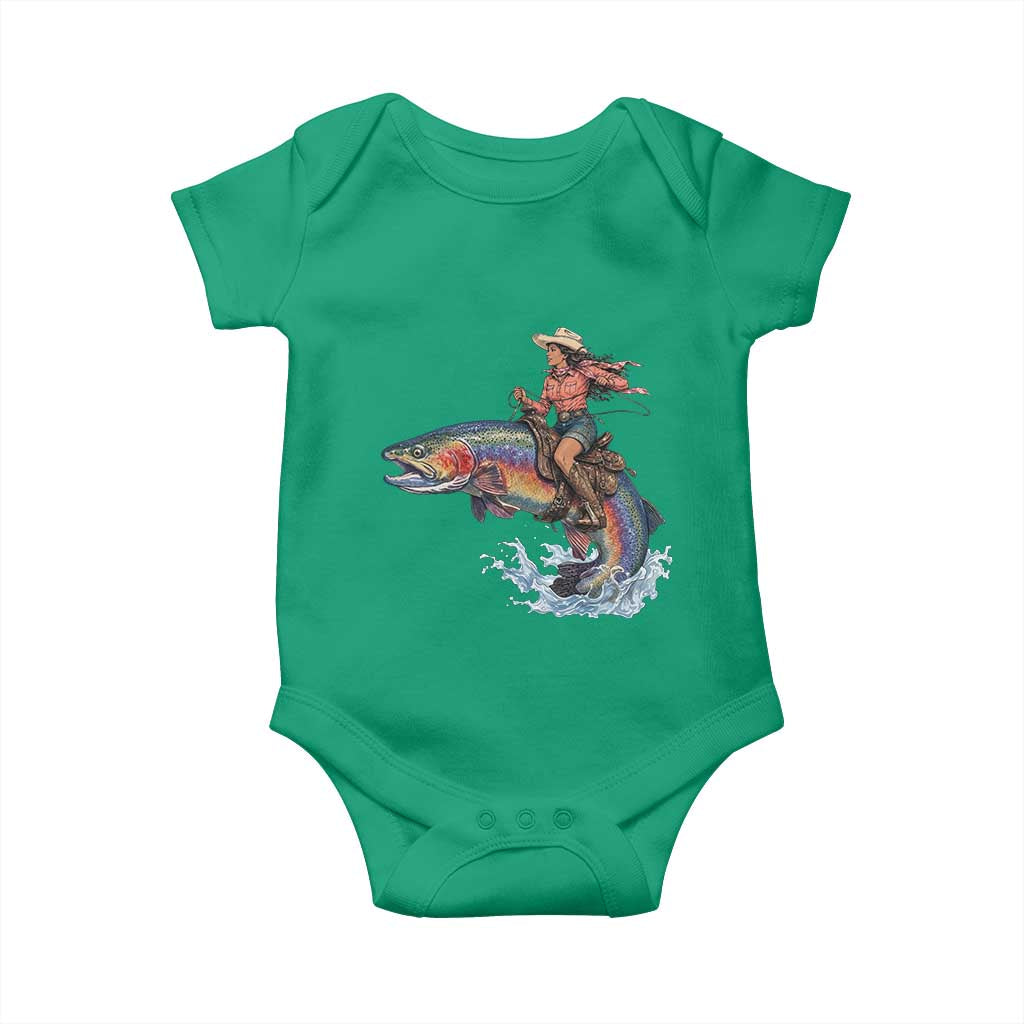 Vintage Cowgirl Riding Rainbow Trout Baby Onesie Funny Fishing Western Rodeo