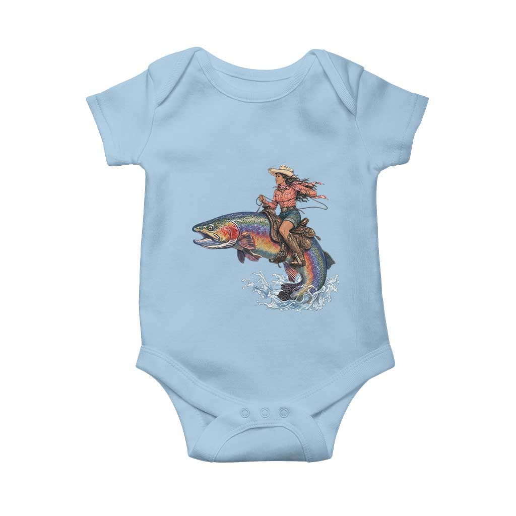 Vintage Cowgirl Riding Rainbow Trout Baby Onesie Funny Fishing Western Rodeo