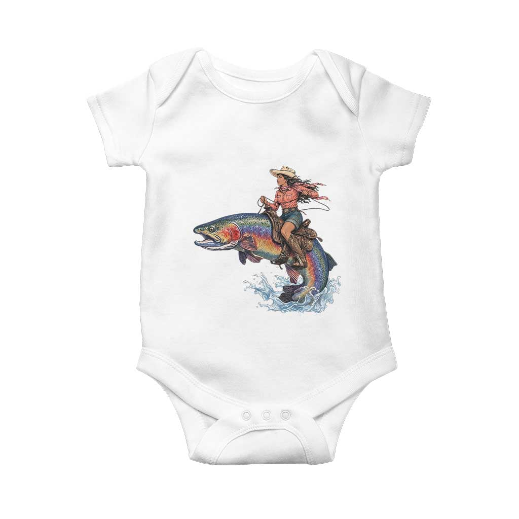 Vintage Cowgirl Riding Rainbow Trout Baby Onesie Funny Fishing Western Rodeo