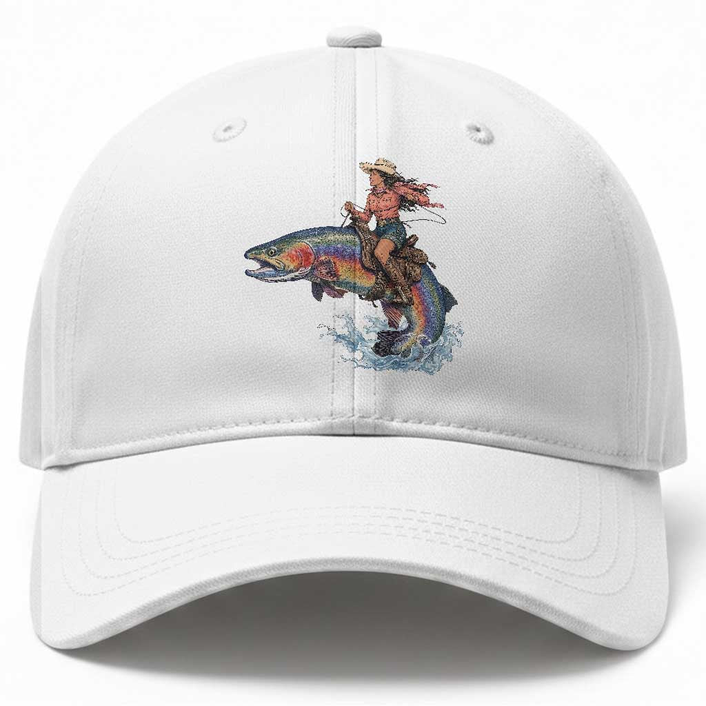 Vintage Cowgirl Riding Rainbow Trout Baseball Cap Funny Fishing Western Rodeo
