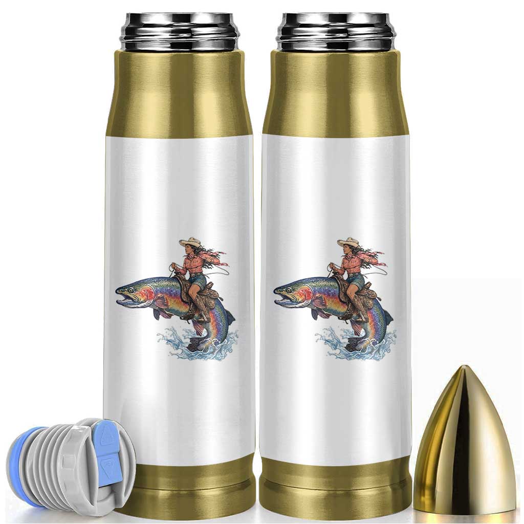 Vintage Cowgirl Riding Rainbow Trout Bullet Tumbler Funny Fishing Western Rodeo