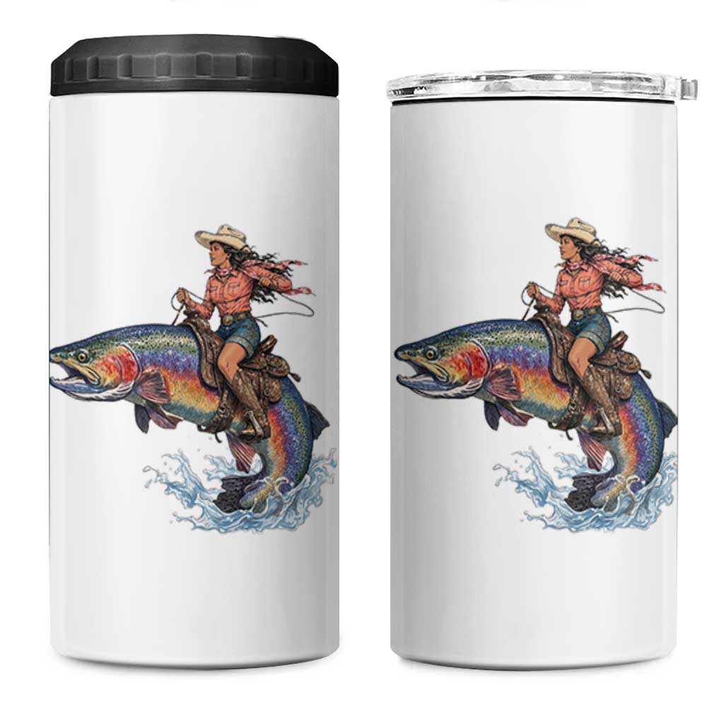 Vintage Cowgirl Riding Rainbow Trout 4 in 1 Can Cooler Tumbler Funny Fishing Western Rodeo