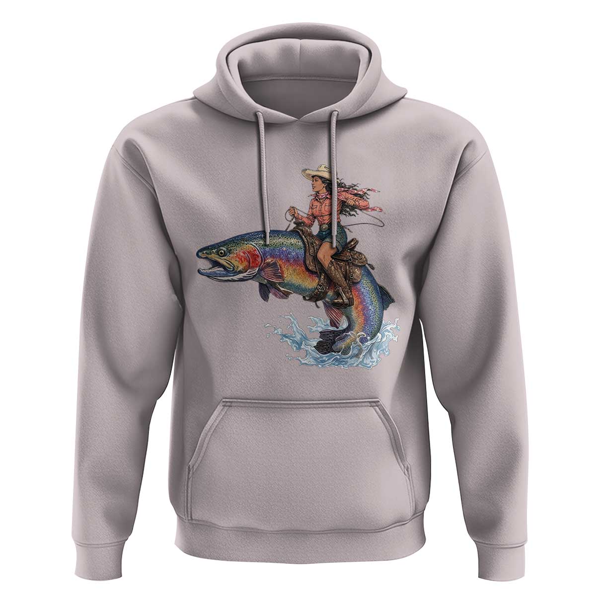 Vintage Cowgirl Riding Rainbow Trout Hoodie Funny Fishing Western Rodeo