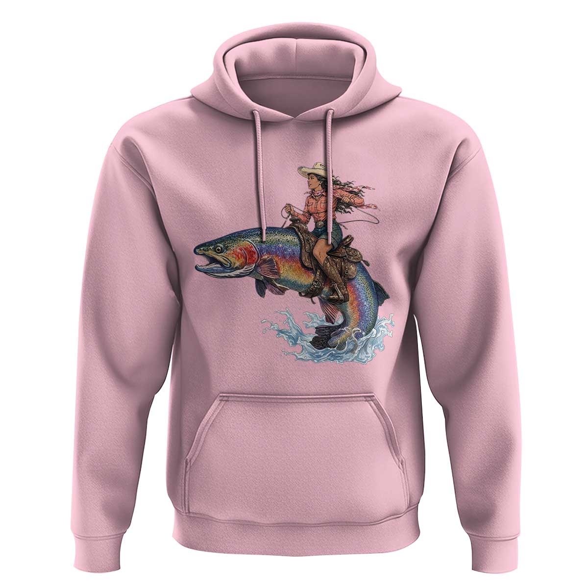 Vintage Cowgirl Riding Rainbow Trout Hoodie Funny Fishing Western Rodeo