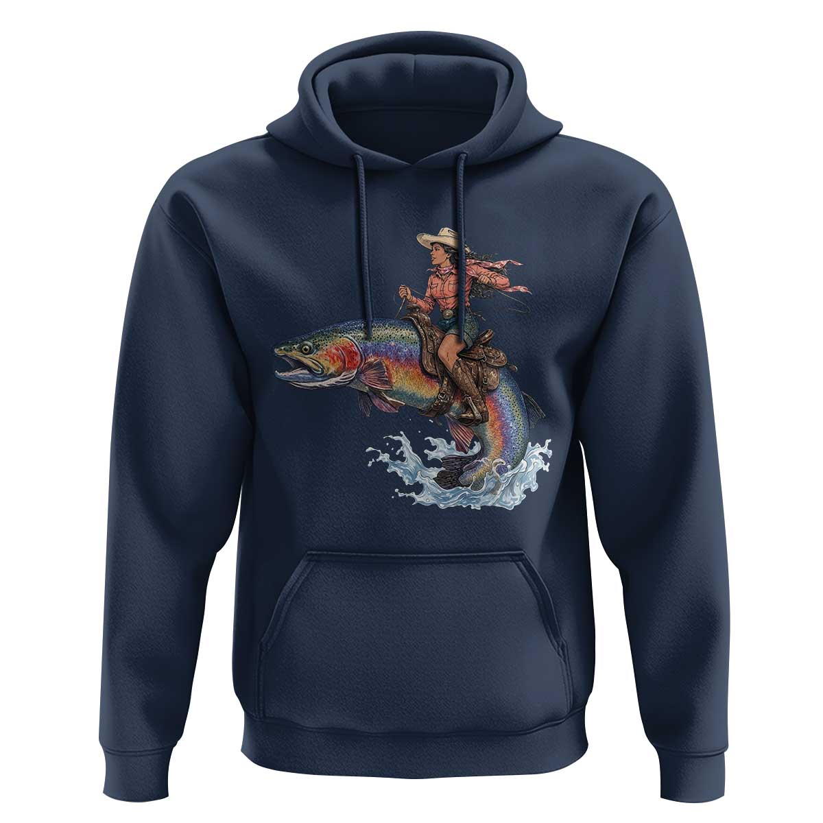 Vintage Cowgirl Riding Rainbow Trout Hoodie Funny Fishing Western Rodeo