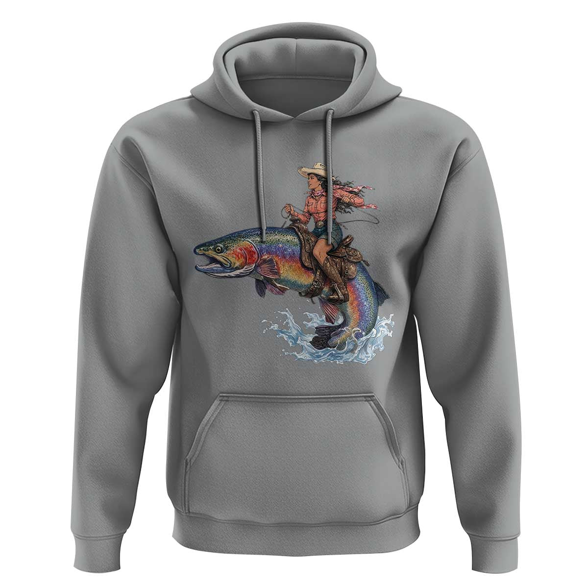 Vintage Cowgirl Riding Rainbow Trout Hoodie Funny Fishing Western Rodeo
